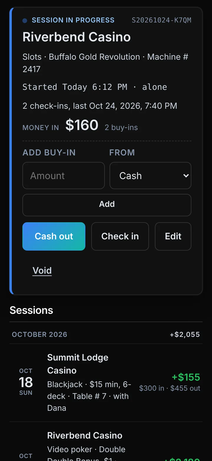 StampChip showing a session in progress at Riverbend Casino with two check-ins, money in, and Cash out, Check in and Edit buttons